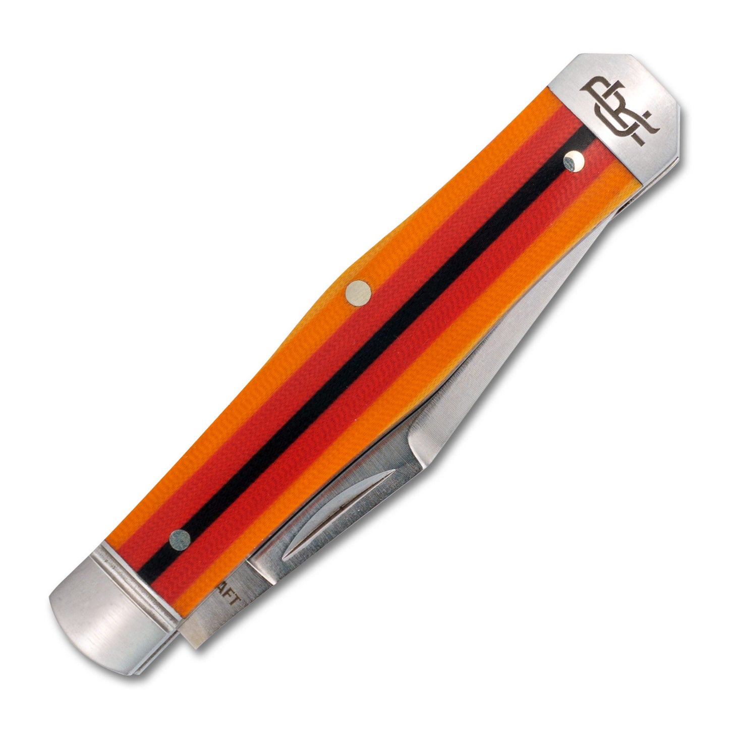 Front view of the RoseCraft Cane Creek Jack in layered multi-color G10, closed, with visible swells in the coffin coke bottle handle shape.