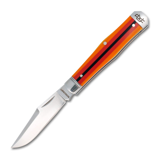 Cane Creek Jack fully open, showing the D2 clip point blade with swedging and the textured, multi-colored G10 handle.