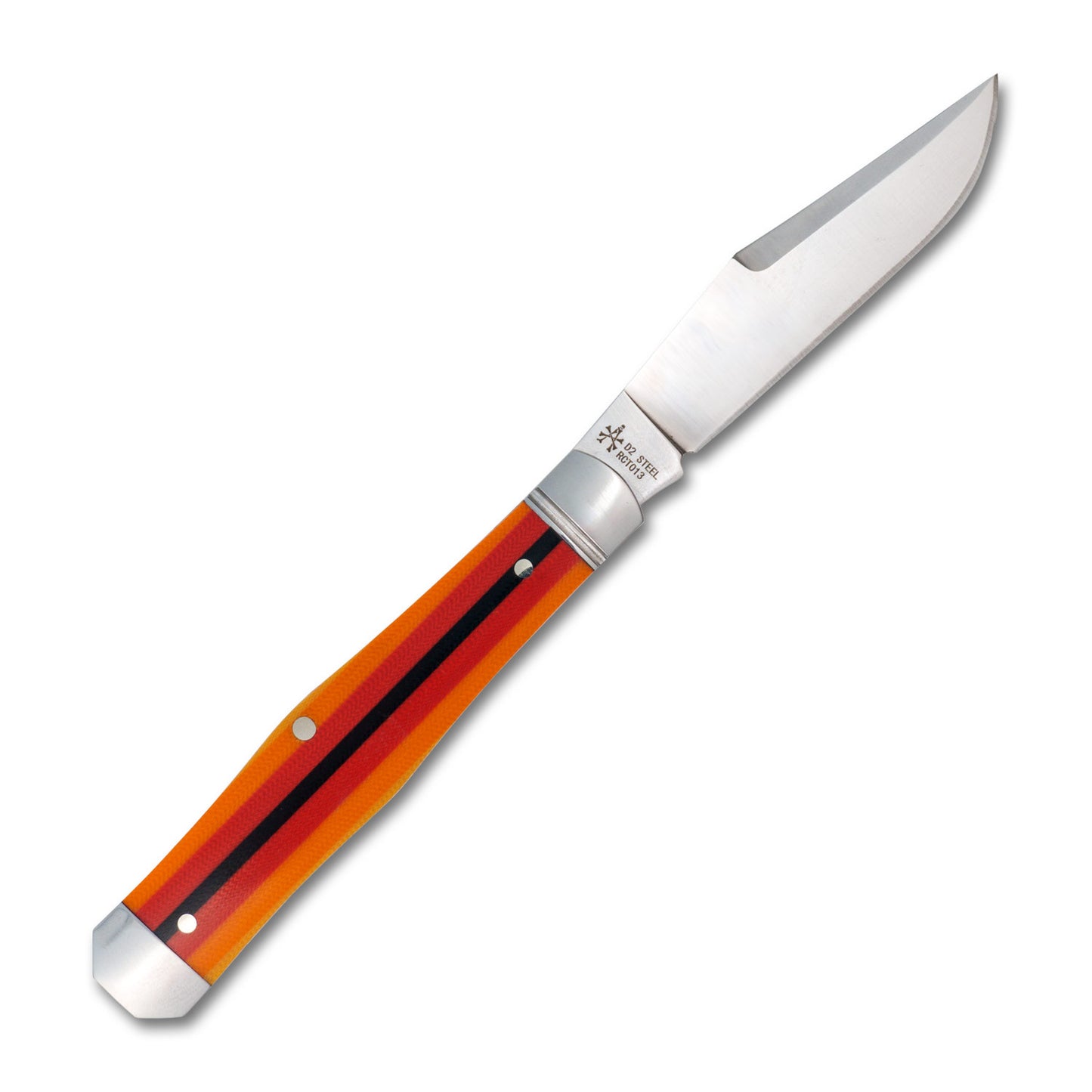 Open backside view of the knife, revealing the backspring, bolster, and rear liner structure.