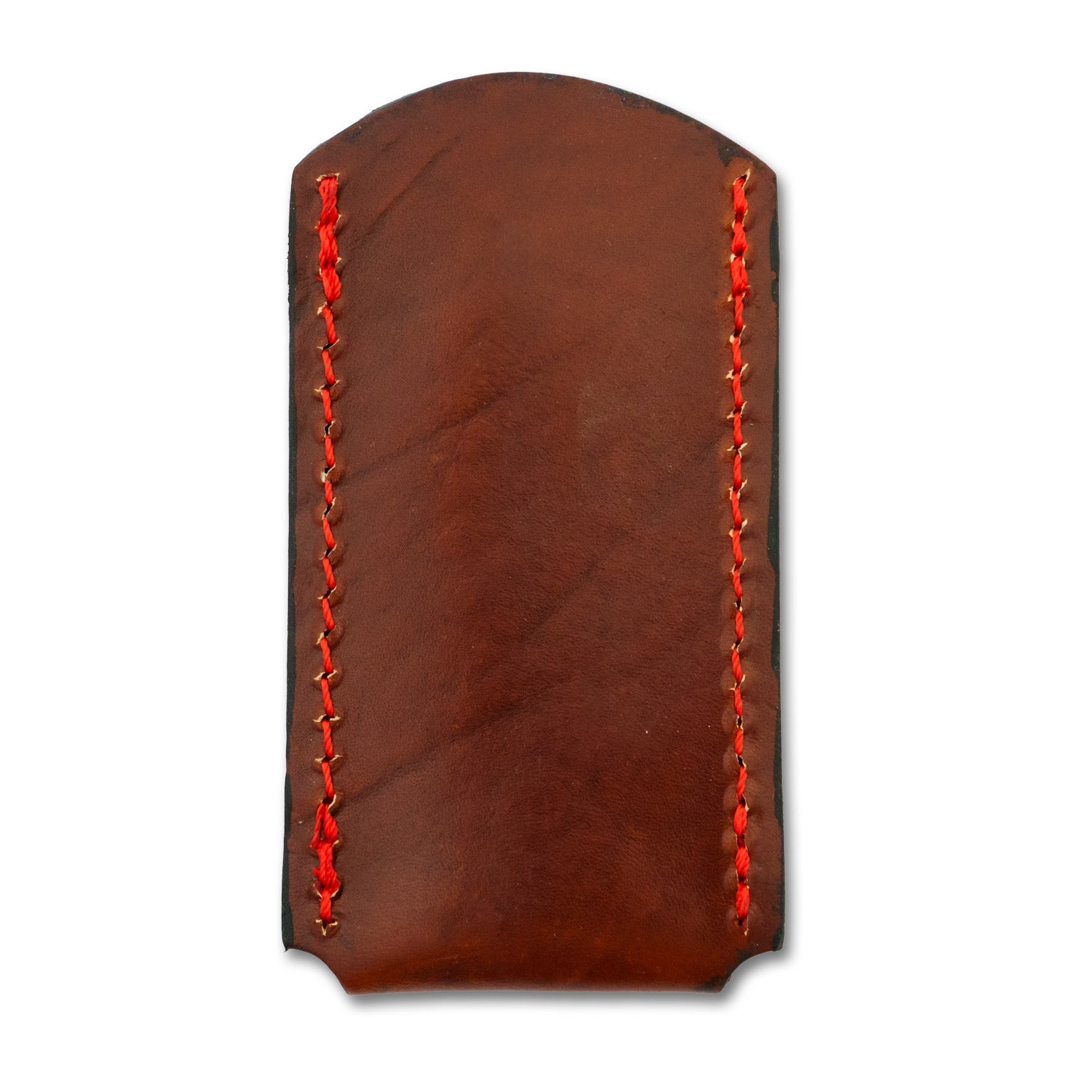 Rear view of the large leather knife slip, highlighting smooth grain and edge detailing.