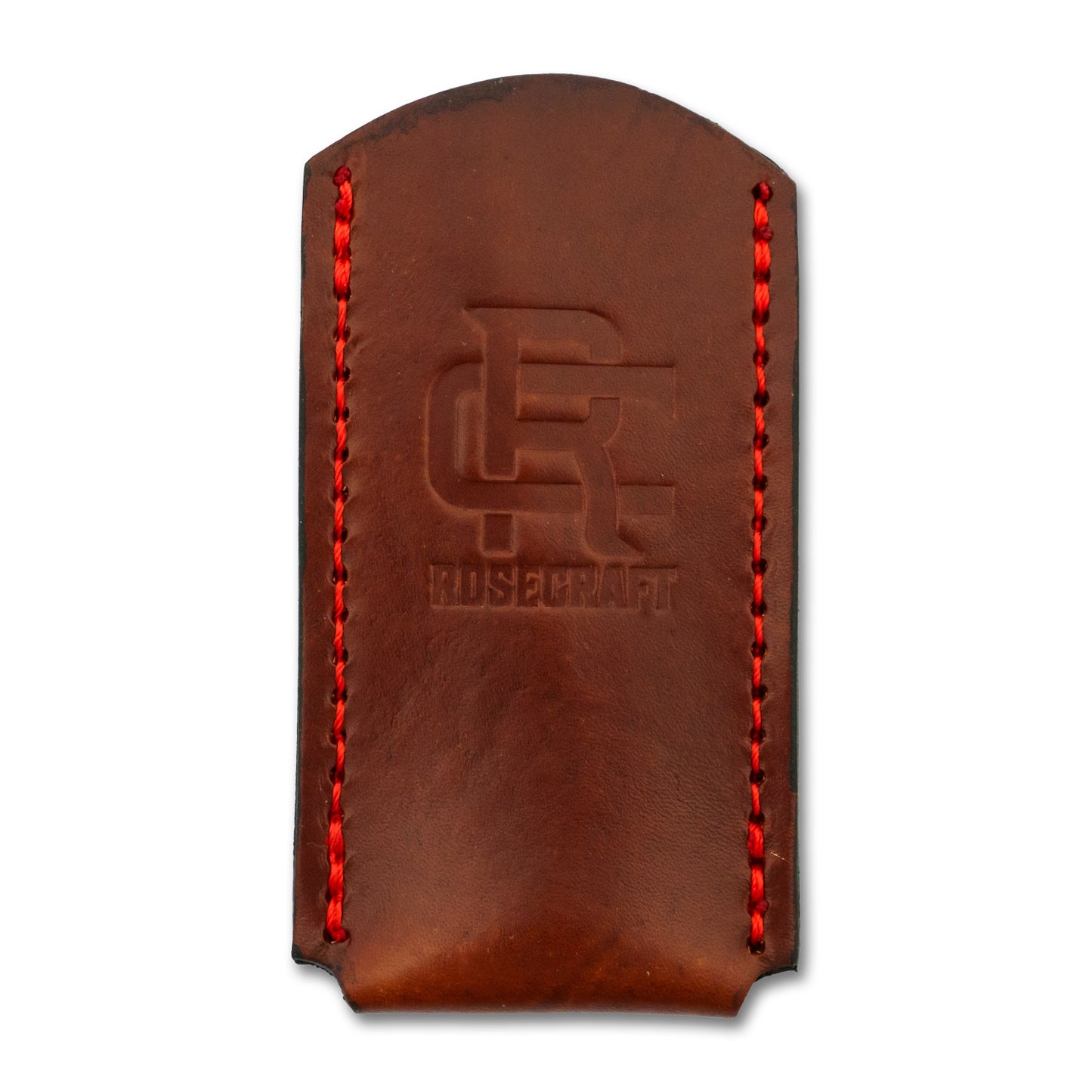 Front view of the RoseCraft Large Knife Slip in leather, showing the red stitching and embossed Locking RC logo.