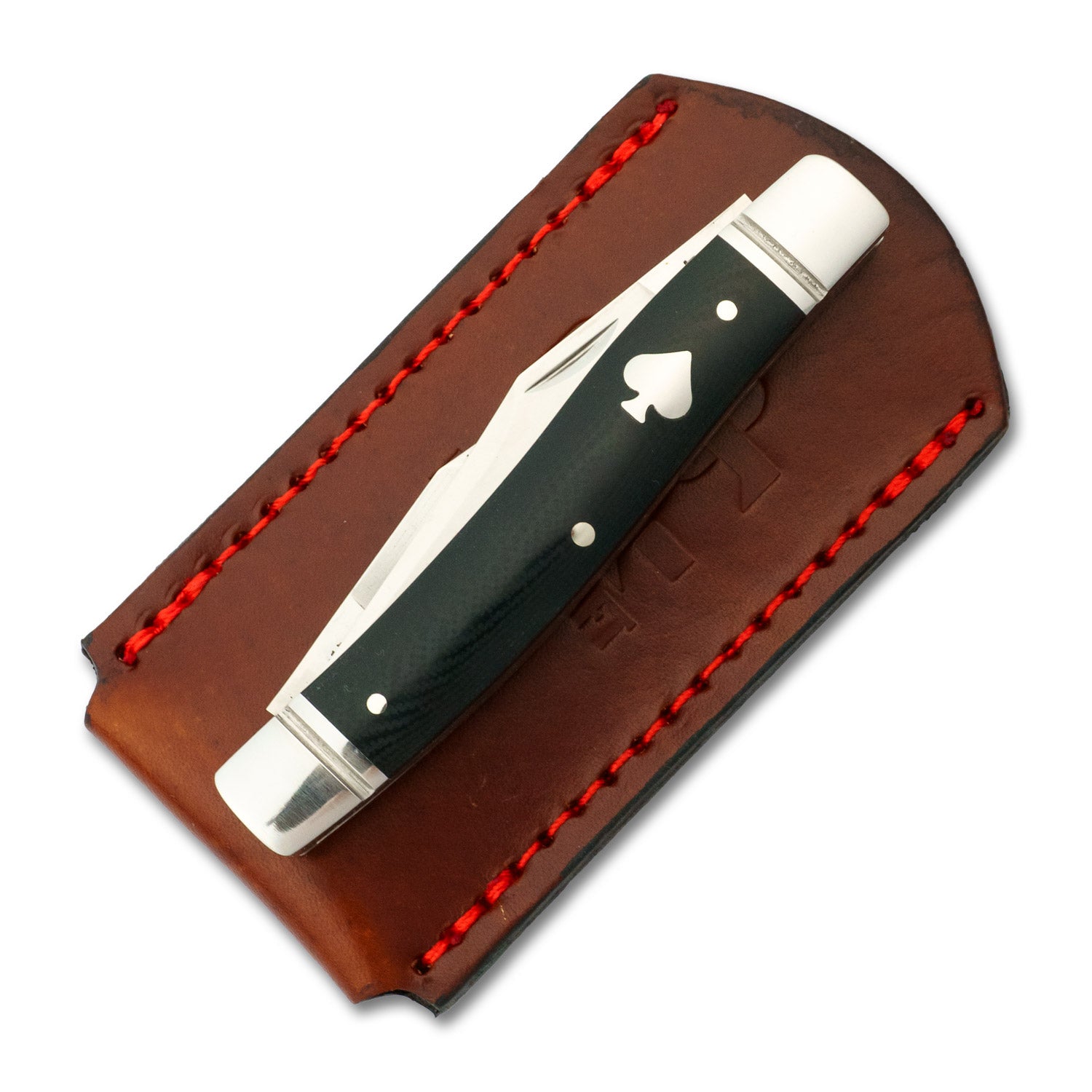 Large knife slip with the Sequatchie River Muskrat, showing snug fit for slim-profile knives with longer handles.