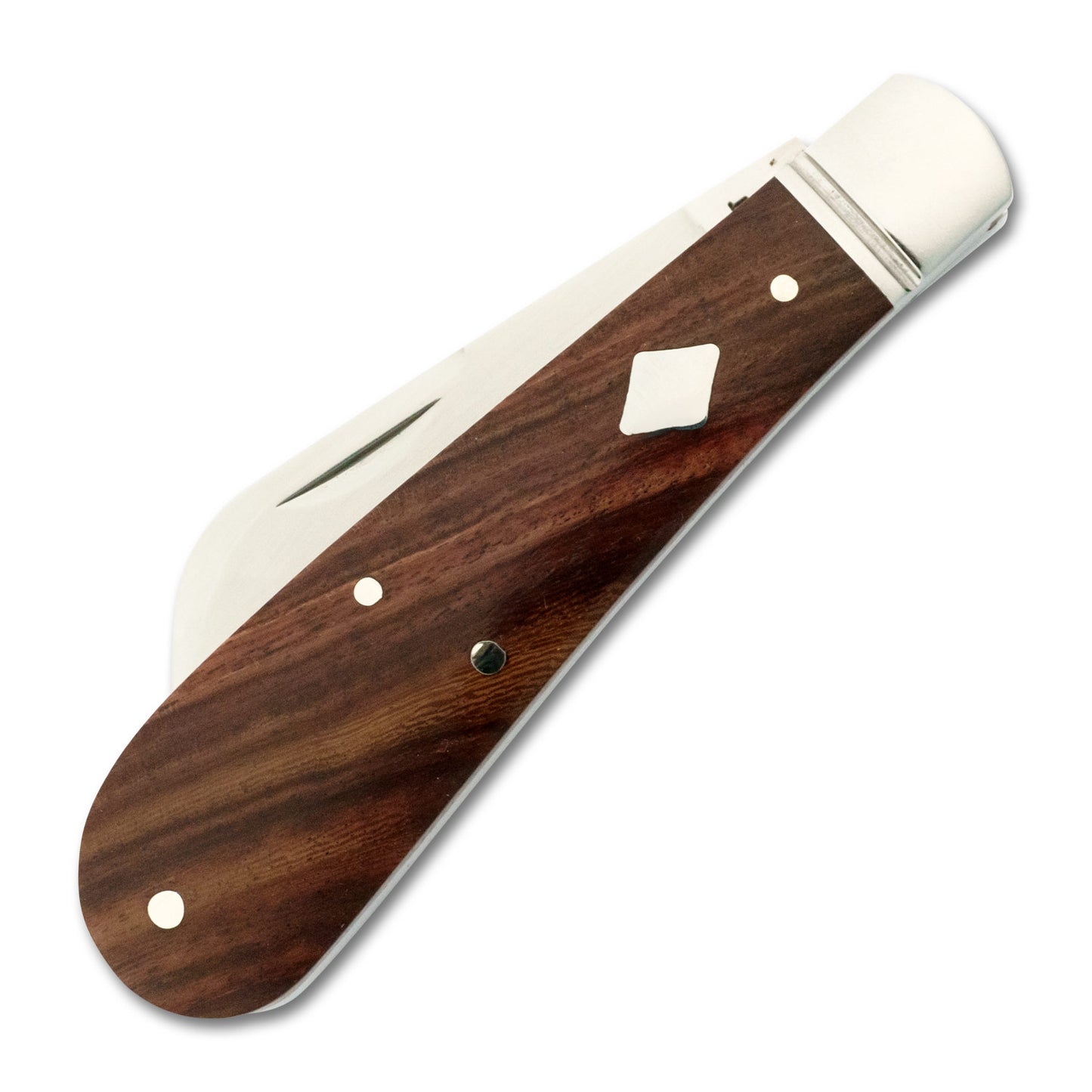 Front view of the RoseCraft Lick Creek Loom Fixer in rosewood, closed, highlighting the brushed steel bolster and polished wood grain.