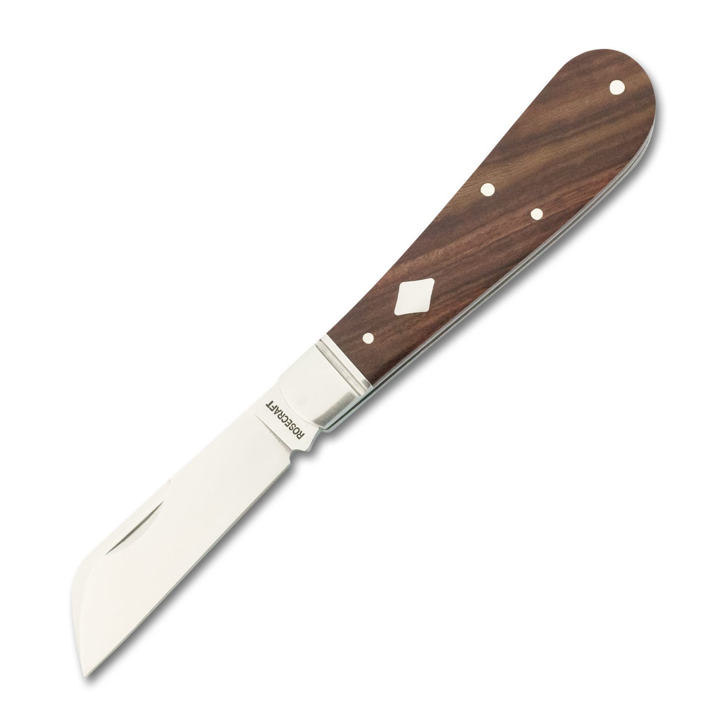 Loom Fixer fully open with modified wharncliffe blade extended, showing the D2 steel finish and smooth rosewood handle.