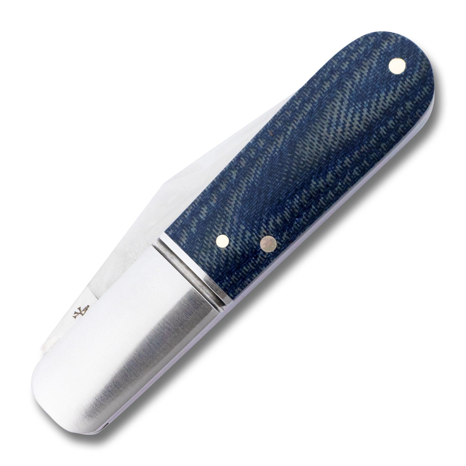 Back side of the Otter Creek Barlow in denim micarta, closed, showing the uniform contour and subtle micarta weave.