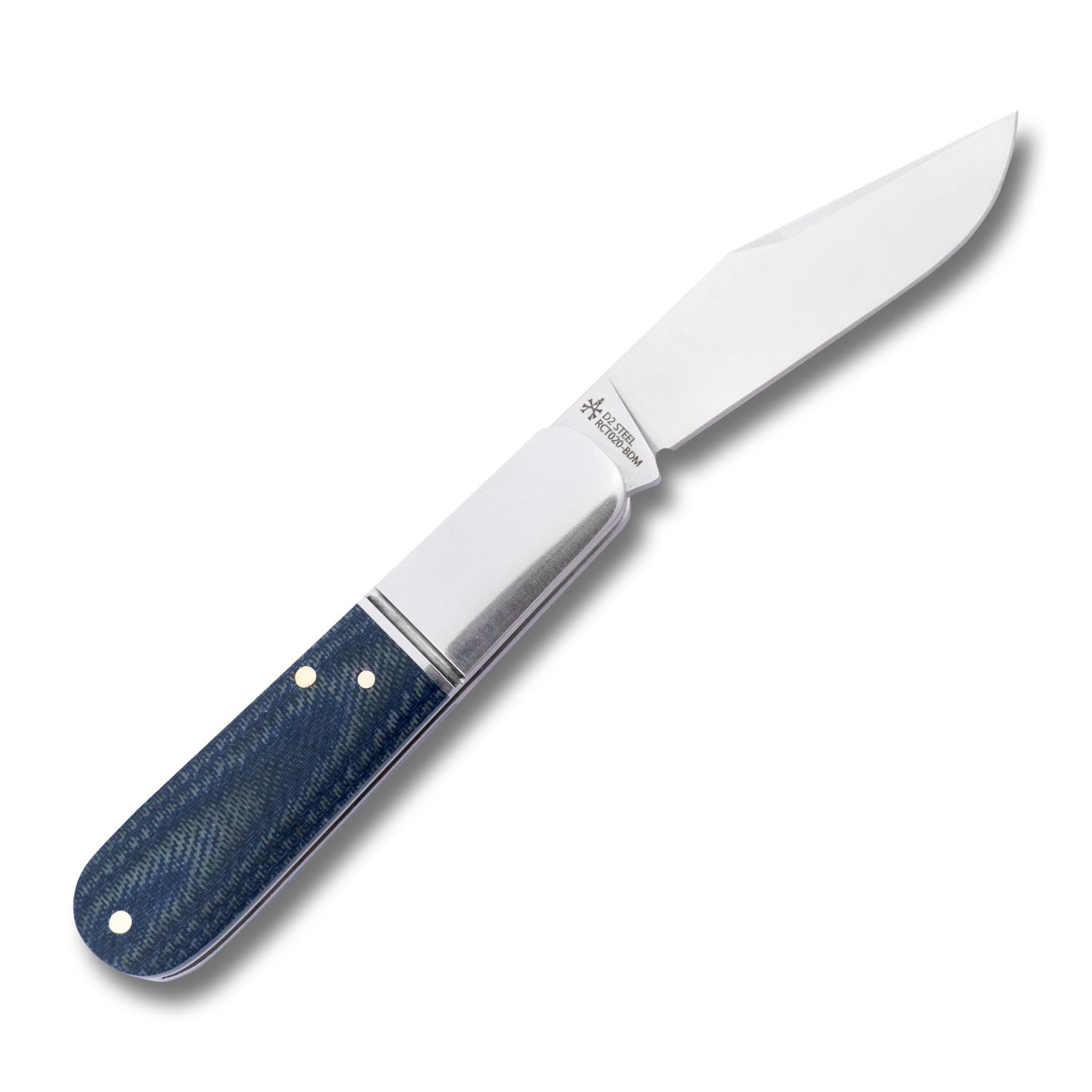 Full open view of the Otter Creek Barlow with D2 clip point blade and brushed satin finish, paired with the denim micarta handle.