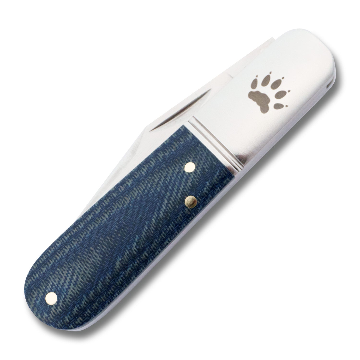 Front view of the RoseCraft Otter Creek Barlow in denim micarta, closed, with a clear look at the long bolster and textured handle grain.