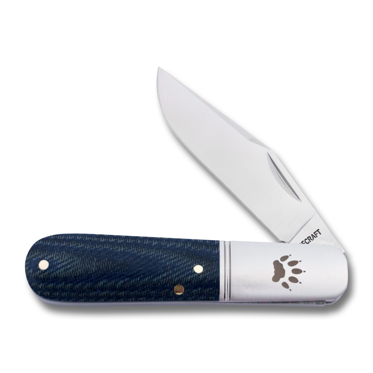 Barlow shown partially open at a 45-degree angle, highlighting blade action and the layered depth of the micarta handle.