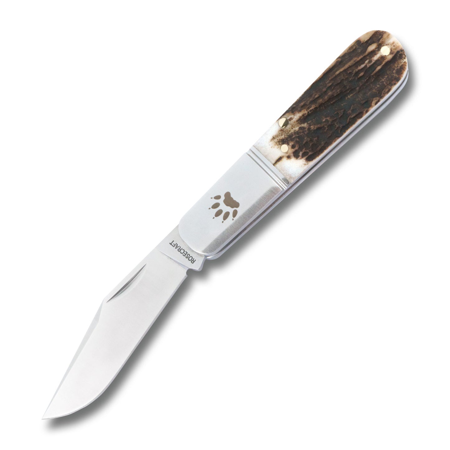 Front view of the Otter Creek Barlow fully open, revealing the D2 clip point blade and brushed satin finish with stag handle.