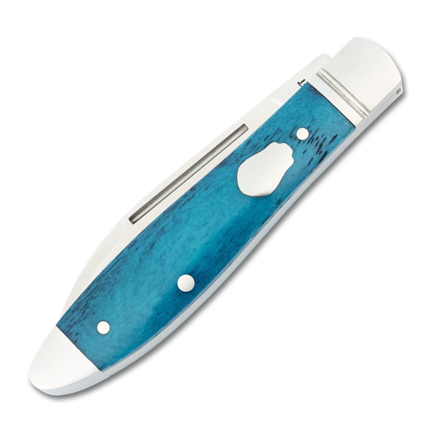 Front view of the RoseCraft Tanasi Lake Tear Drop in Bora Bora Blue Bone, closed, with a clear look at the polished bolster and bone texture.